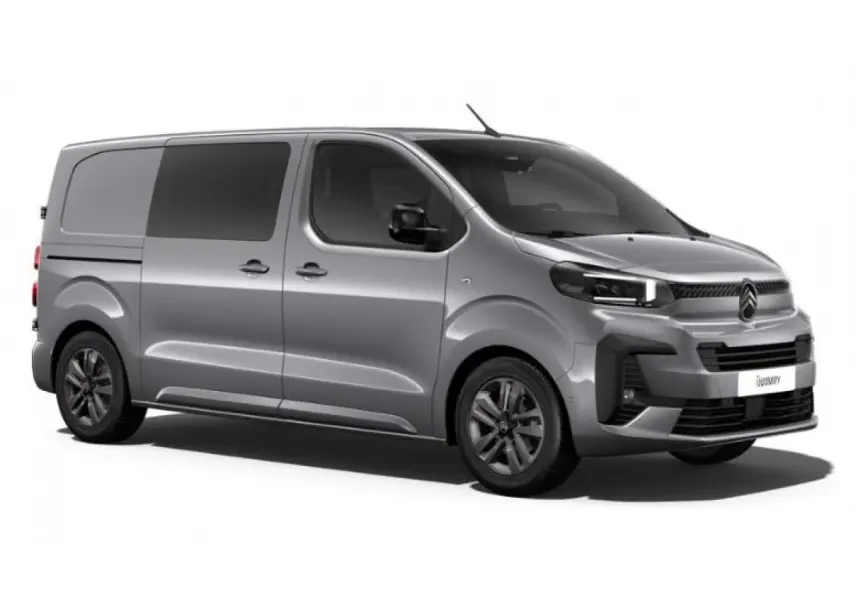Citroën Jumpy gris en vue 3/4 avant droit avec jantes alliage 17'' et vitres latérales teintées.