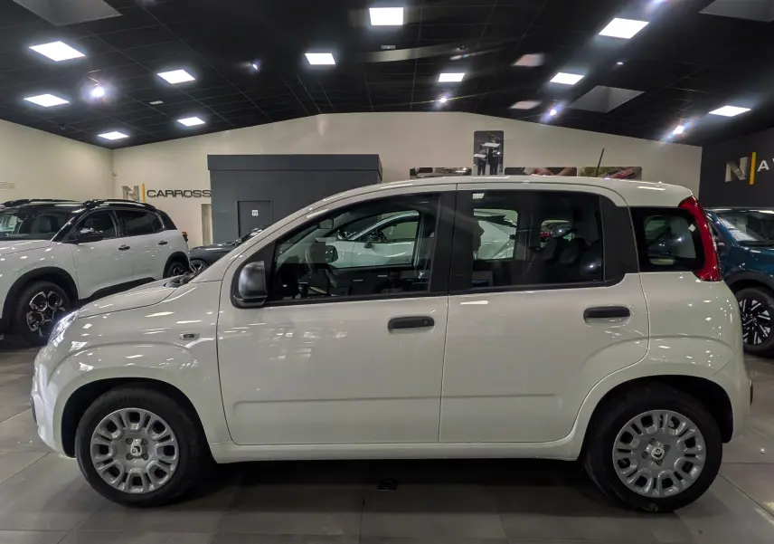 Vue de profil côté gauche d'une FIAT Panda 1.0 70 CH Hybrid City blanche Gelato en showroom.