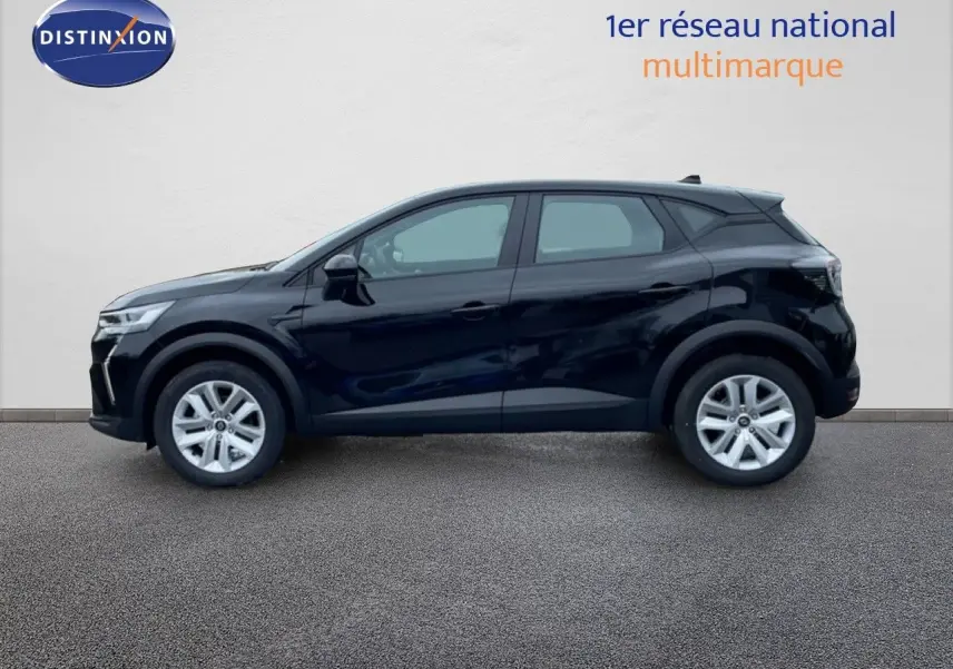 Profil latéral droit d'un Renault Captur noir étoile métal 2025, SUV compact avec jantes alliage et lignes modernes.