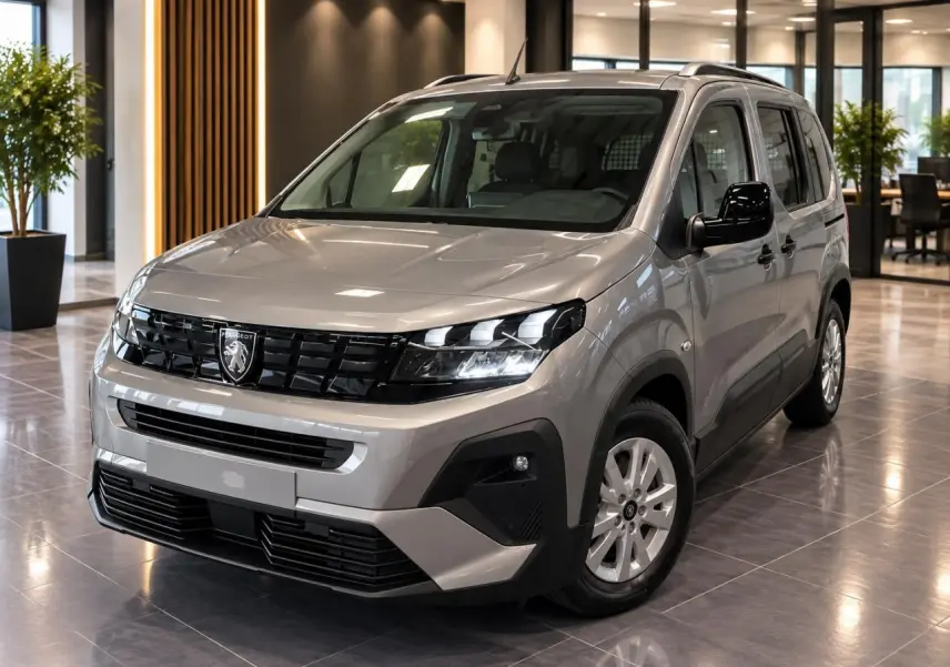 Peugeot Rifter gris Artense en 3/4 avant droit, avec calandre noire et jantes tôles 16 pouces en showroom.