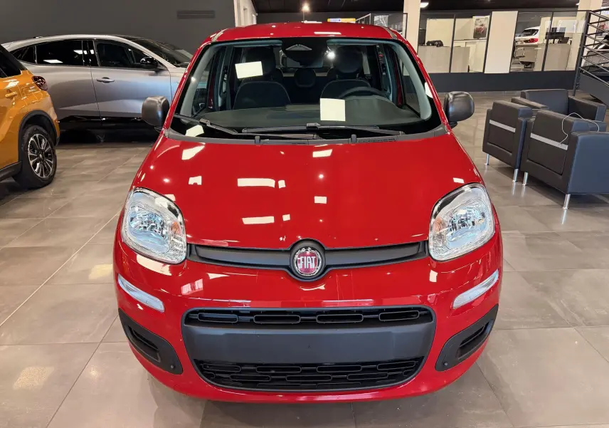 Vue frontale d'une FIAT Panda 1.0 70 CH Hybrid City rouge Amore en showroom, avec calandre noire et phares arrondis.