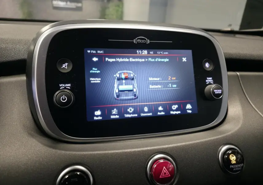 Écran tactile central affichant le flux d'énergie hybride dans l'habitacle d'une Fiat 500X gris 2024
