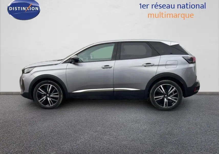 Peugeot 3008 hybride rechargeable gris Artense métal, vue profil côté gauche avec toit noir et jantes bi-ton.