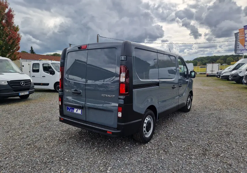 Renault Trafic Fourgon gris urbain vu de l'arrière droit, portes arrière fermées et vitres teintées.