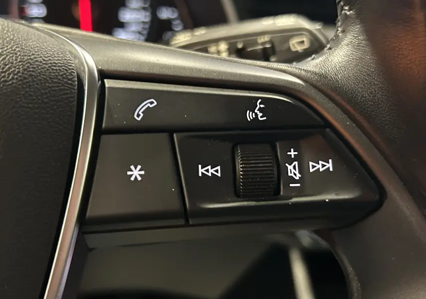 Gros plan sur les commandes audio et vocales au volant d'une Audi A6 Avant noire de 2019.