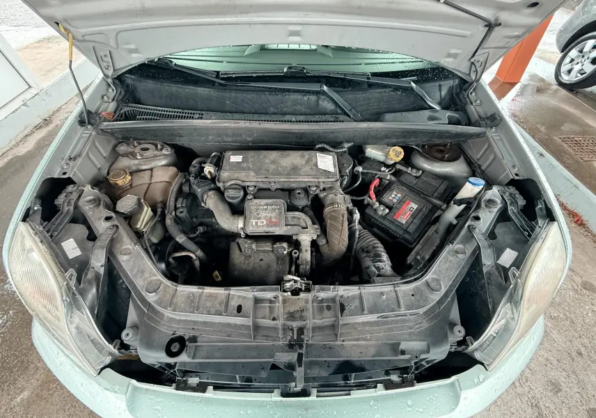 Moteur TDCI visible sous le capot ouvert d'une Ford Fusion bleu clair, vue de face en plan rapproché.