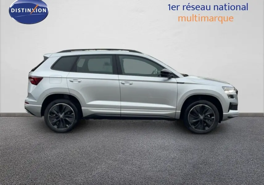 Vue de profil côté gauche d’un Skoda Karoq gris argent métallisé avec jantes noires et toit noir.