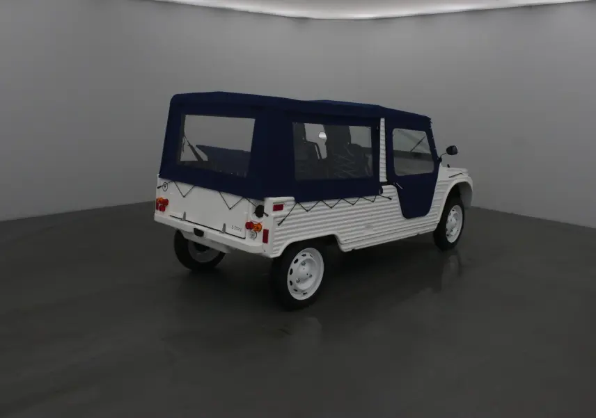 Vue 3/4 arrière droite du MLT E-STORY ICONE blanc avec toit et portes souples bleu foncé, style Méhari électrique.