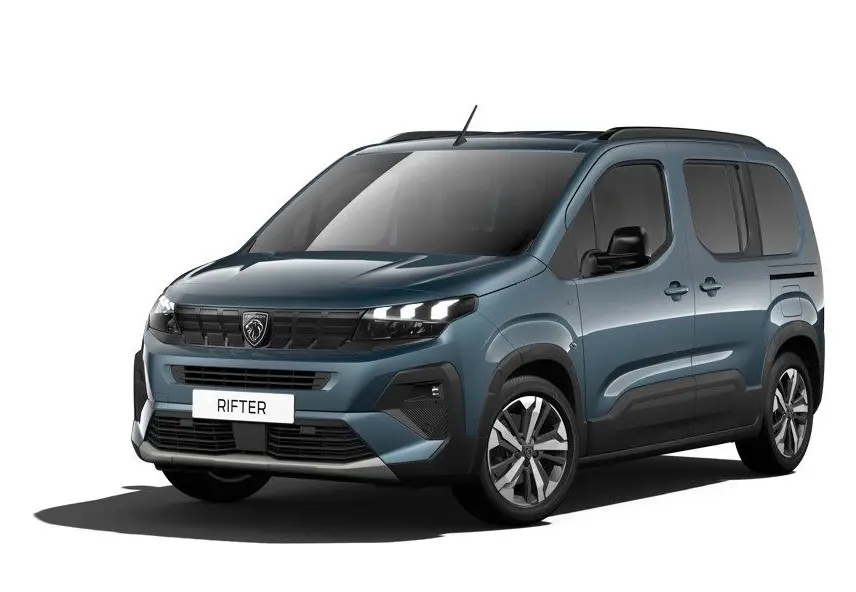 Peugeot Rifter bleu Kiama en vue 3/4 avant droit, avec calandre noire et jantes alliage argentées.