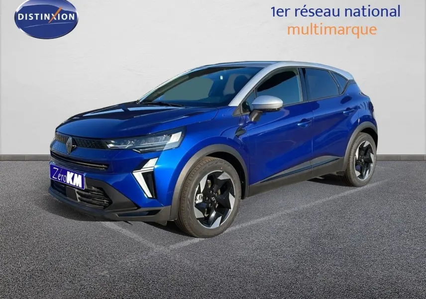 Renault Captur E-Tech hybride 2025 bleu Iron Metal avec toit gris, vu de 3/4 avant droit sur fond neutre.