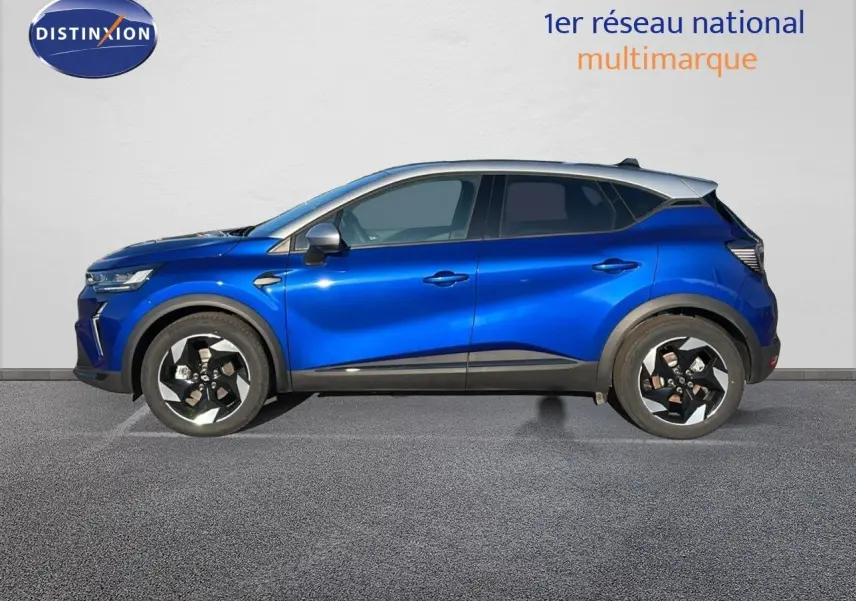 Profil latéral gauche d'un Renault Captur E-Tech hybride bleu Iron avec toit gris, jantes noires et détails modernes.