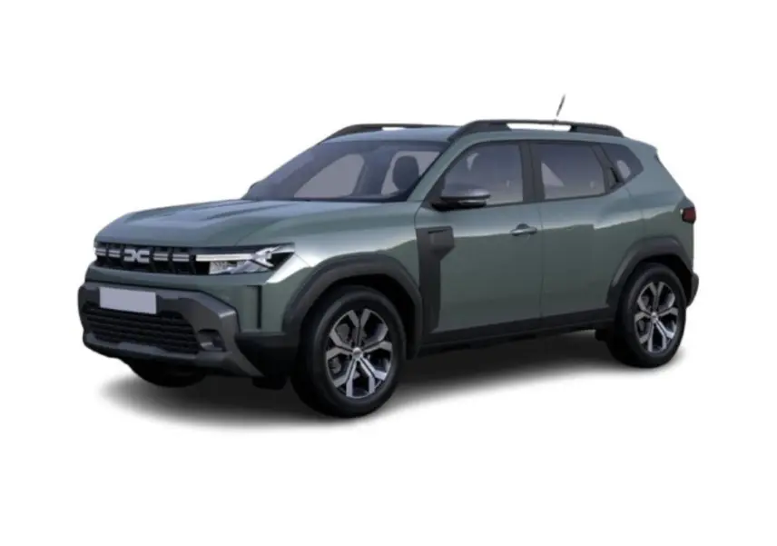 SUV Dacia Duster 2026 kaki lichen en vue 3/4 avant droit, avec protections noires et jantes bi-ton.