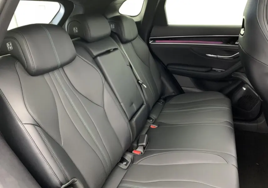Vue intérieure côté droit des sièges arrière noirs et bruns du BYD SEAL U 1.5 DM-i 218 Comfort avec surpiqûres contrastées.