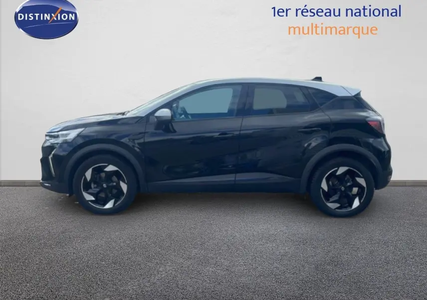Renault Captur 2025 noir étoile métal avec toit gris, vue profil côté gauche sur fond neutre.