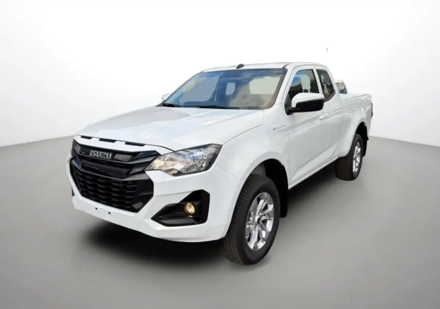 Vue 3/4 avant d'un pick-up Isuzu D-MAX 2.2 TD blanc Splash avec calandre noire et jantes alu 18 pouces.