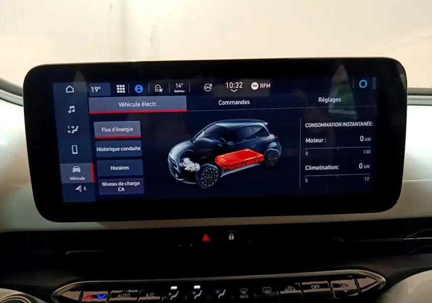Écran tactile central montrant l'interface énergie d'une Fiat 500 électrique, tableau de bord clair et moderne.