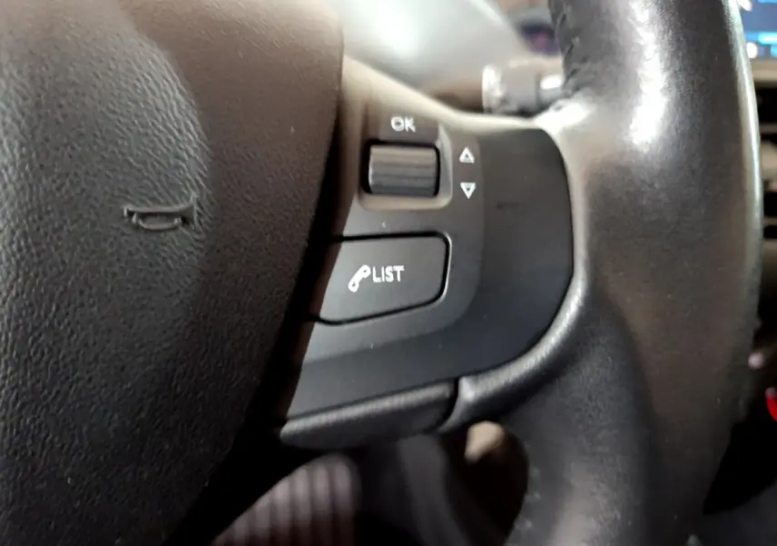 Gros plan sur les commandes gauche du volant cuir de la Peugeot 208 Puretech 82 Signature 2018.