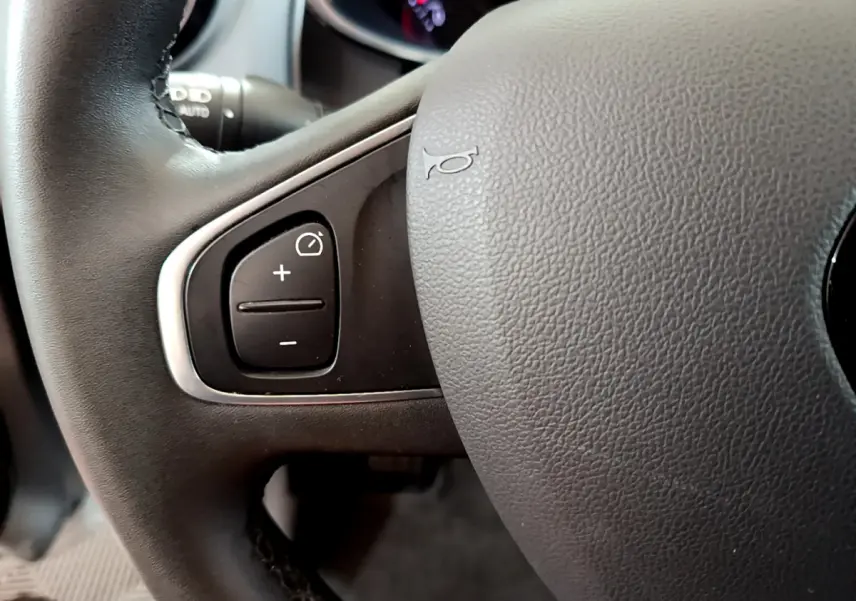 Gros plan sur le volant cuir de la Renault Clio Business TCe 90, avec commandes de régulateur de vitesse à gauche.