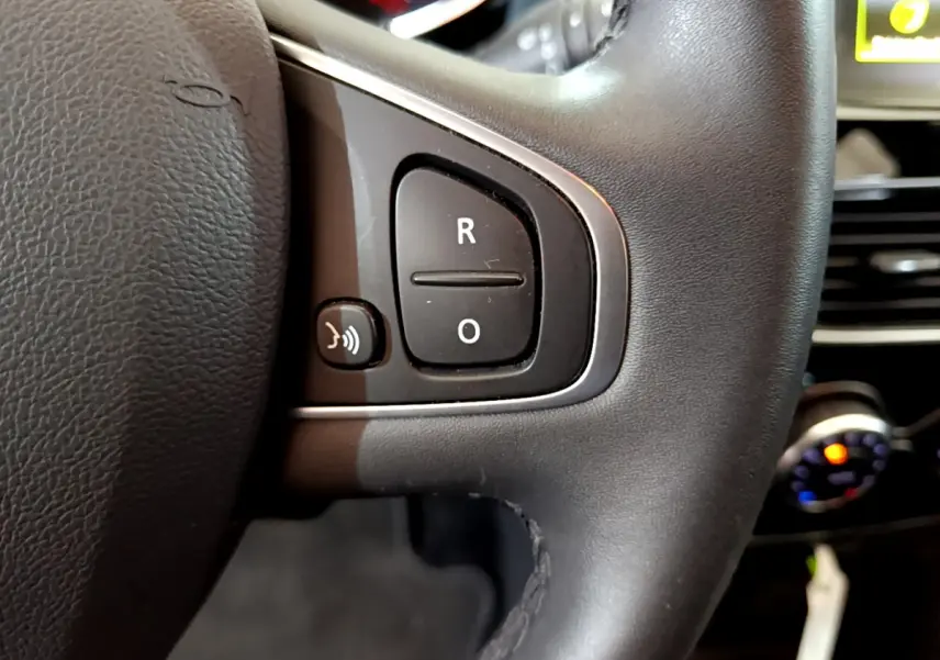 Gros plan sur les commandes vocales du volant cuir noir de la Renault Clio Business TCe 90 2019.