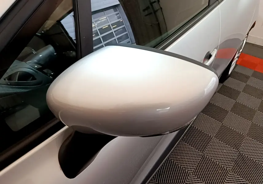 Rétroviseur côté gauche gris clair de la Renault Clio Business TCe 90 2019, vue rapprochée sur porte et vitre.