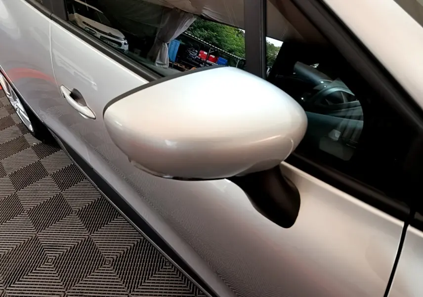 Rétroviseur côté gauche gris clair de Renault Clio Business TCe 90 2019, vue rapprochée sur la portière et la vitre.