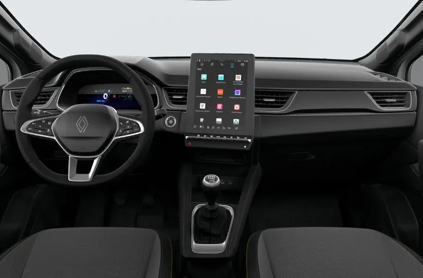 Intérieur noir du Renault Symbioz 2025, vue frontale du tableau de bord avec écran tactile vertical et volant multifonction.