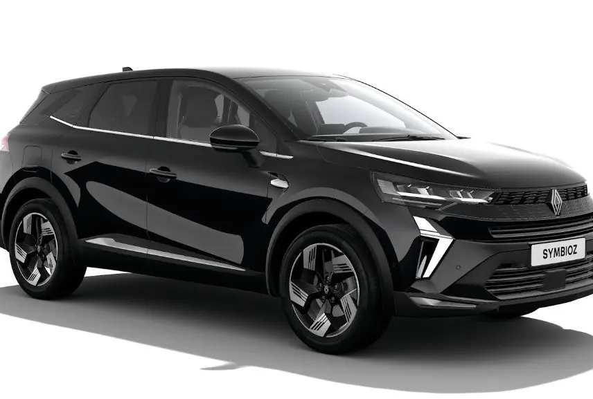 Renault SYMBIOZ noir étoile en 3/4 avant droit, mettant en valeur ses lignes modernes et ses phares LED distinctifs.