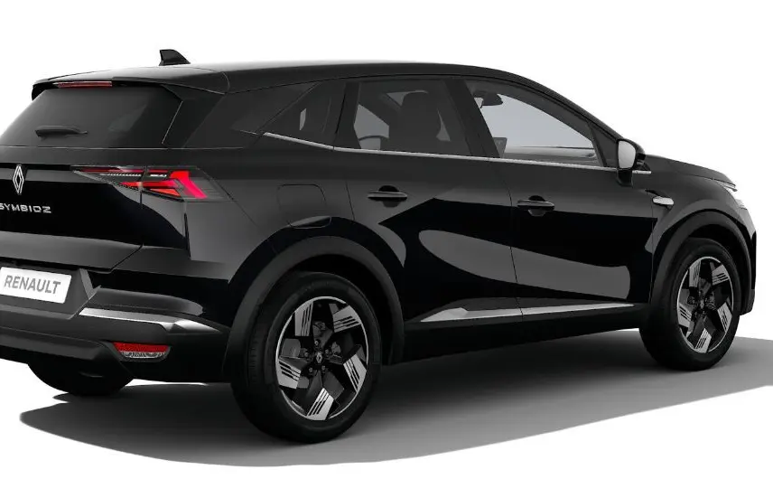 Vue 3/4 arrière droite du Renault SYMBIOZ noir étoile 2025 avec feux arrière LED et jantes bi-ton distinctives.