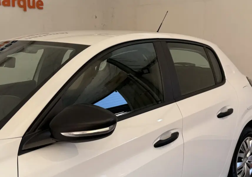 Vue latérale gauche d'une Peugeot 208 blanche avec rétroviseur noir et poignées de porte noires.