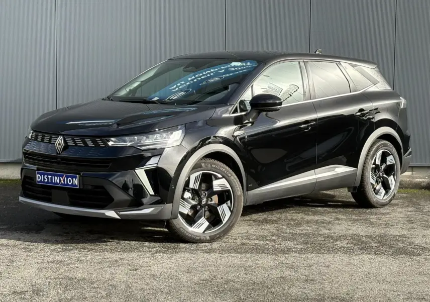 Renault SYMBIOZ noir étoilé en 3/4 avant droit, avec jantes 18 pouces Gravity et calandre moderne distinctive.