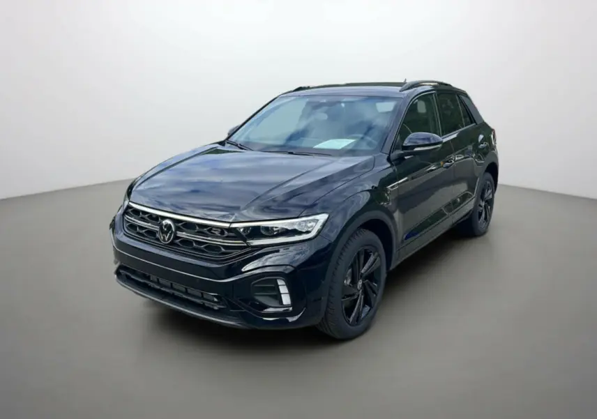 Volkswagen T-Roc TDI 150 R-Line Black noir grenadilla, vue 3/4 avant droit avec jantes noires distinctives.