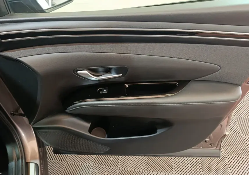 Porte intérieure côté gauche marron du Hyundai Tucson 2022 avec poignée argentée et commande de verrouillage.