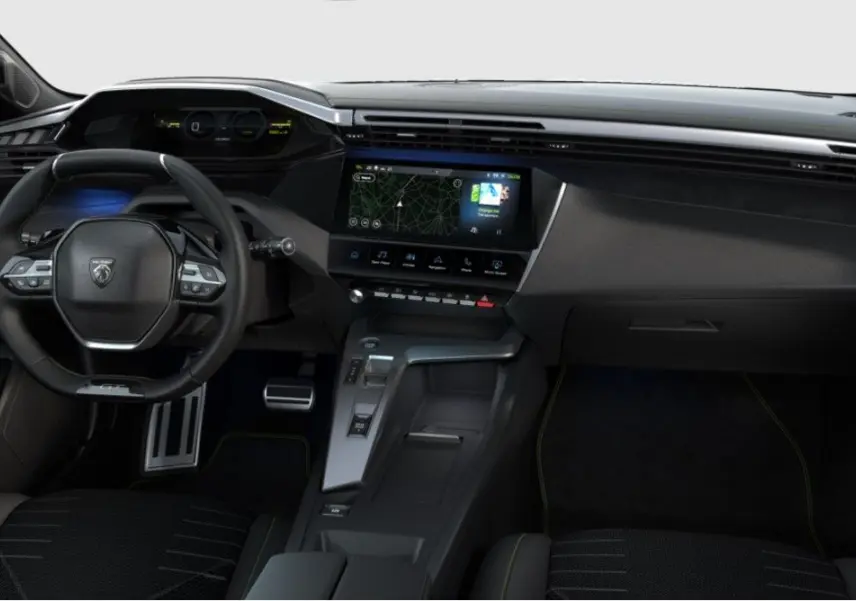 Vue intérieure avant de la Peugeot 308 GT 2026, tableau de bord noir avec éclairage d'ambiance bleu et écran tactile central.