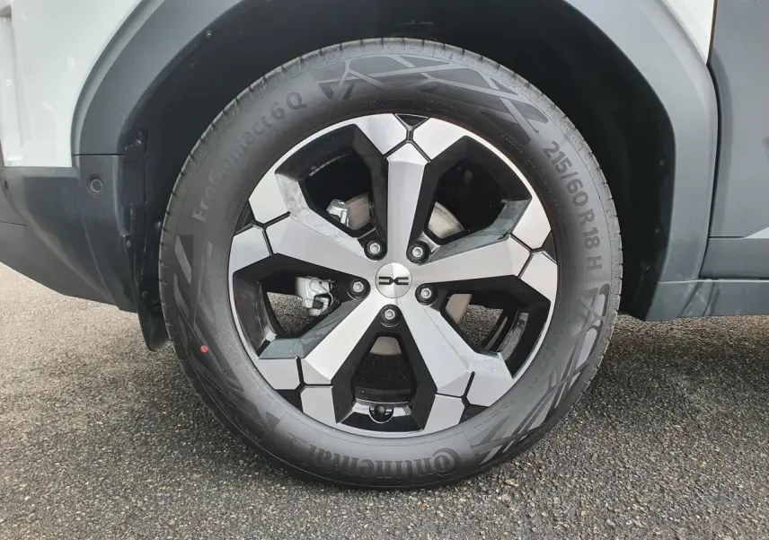Gros plan sur la jante alliage 18” diamantée Tagasan du côté gauche du Dacia Duster blanc glacier 2025.
