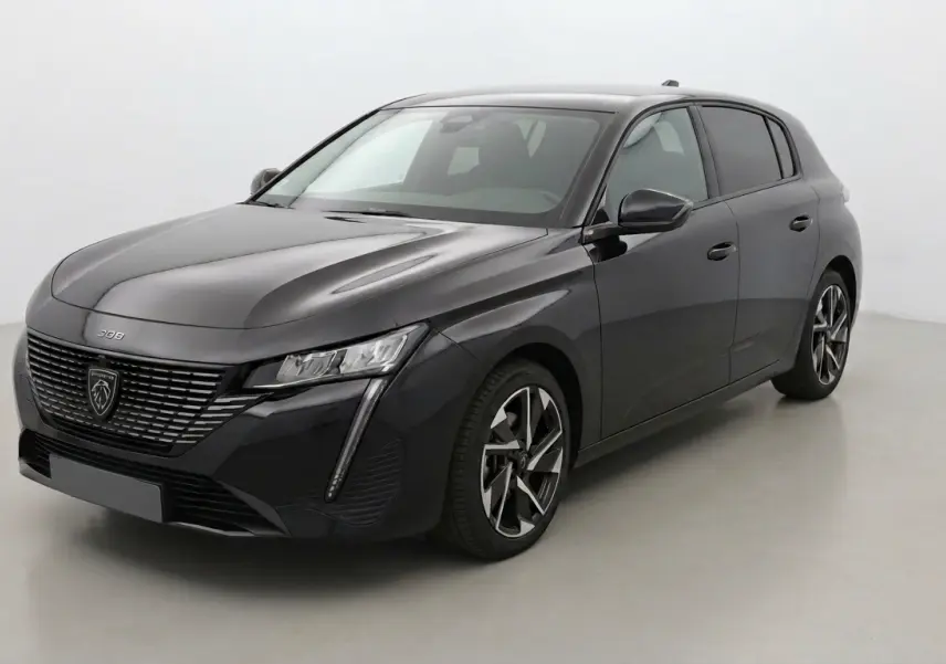 Peugeot 308 Hybrid noir vue 3/4 avant droit, avec calandre distinctive et jantes alliage 17 pouces.
