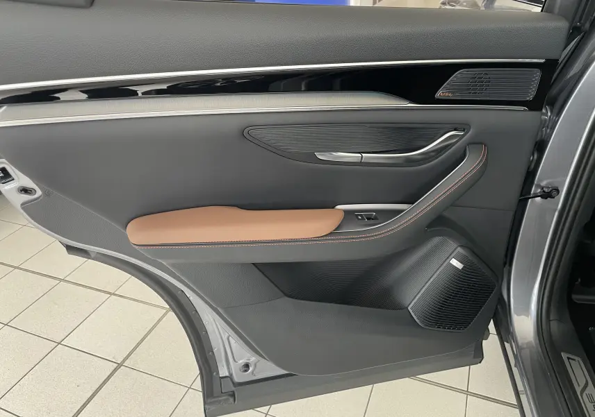 Vue intérieure de la porte arrière gauche du BYD SEAL U 2025 en Time Grey avec accoudoir marron et haut-parleur Infinity.
