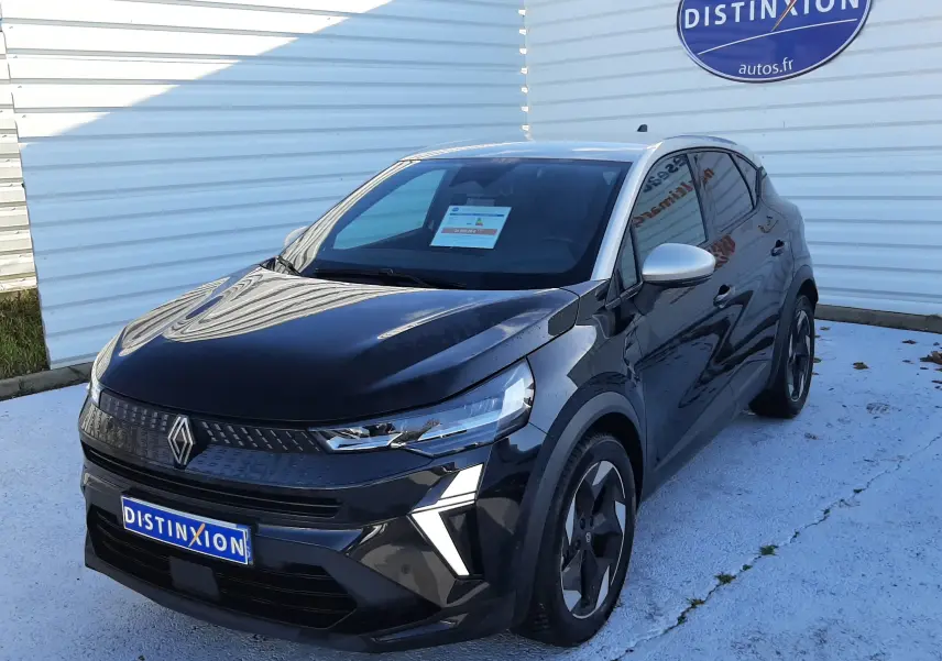 Renault Captur 2024 noir métal avec toit gris, vue 3/4 avant droit, calandre et phares LED distinctifs visibles.