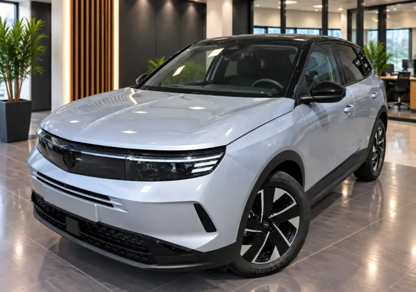 Opel Grandland 1,2 Hybrid gris kristall en 3/4 avant droit, toit noir et jantes noires bicolores visibles en intérieur showroom.