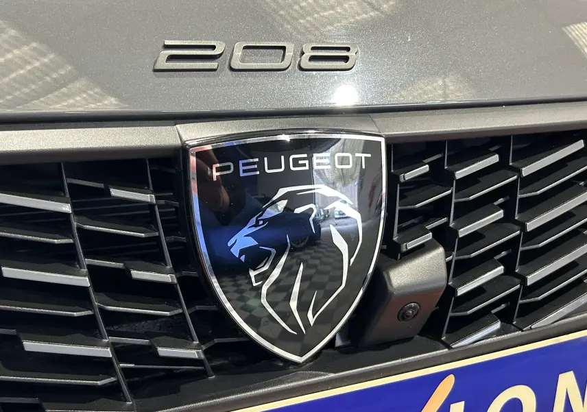 Gros plan sur la calandre noire d'une Peugeot 208 gris Selenium avec logo lion et caméra frontale intégrée.