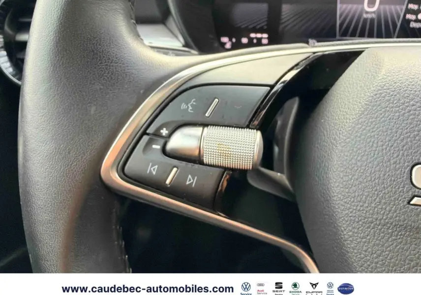 Gros plan sur le volant cuir noir multifonctions de la Skoda Fabia 2025 avec molette métallique et commandes audio.
