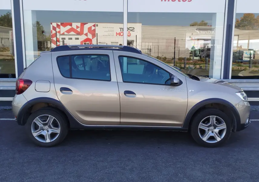 Profil côté gauche d'une Dacia Sandero Stepway beige dune 2020 avec logo Stepway visible sur la porte avant.