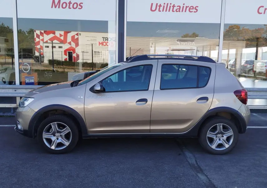 Profil côté gauche d'une Dacia Sandero Stepway beige dune 2020 avec barres de toit et protections noires sur les passages de roues.
