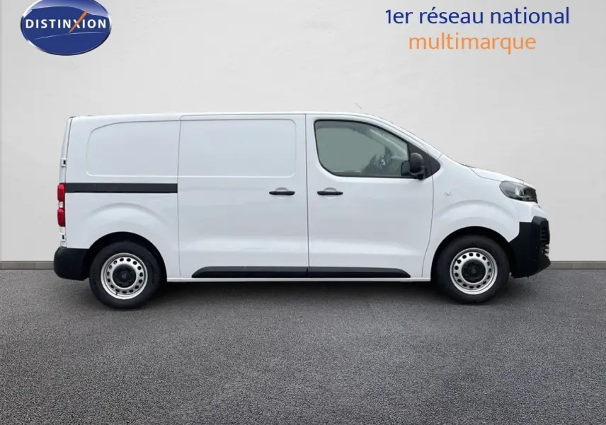 Profil droit d'un Peugeot Expert Fourgon blanc 2025 avec portes latérales et jantes acier simples.
