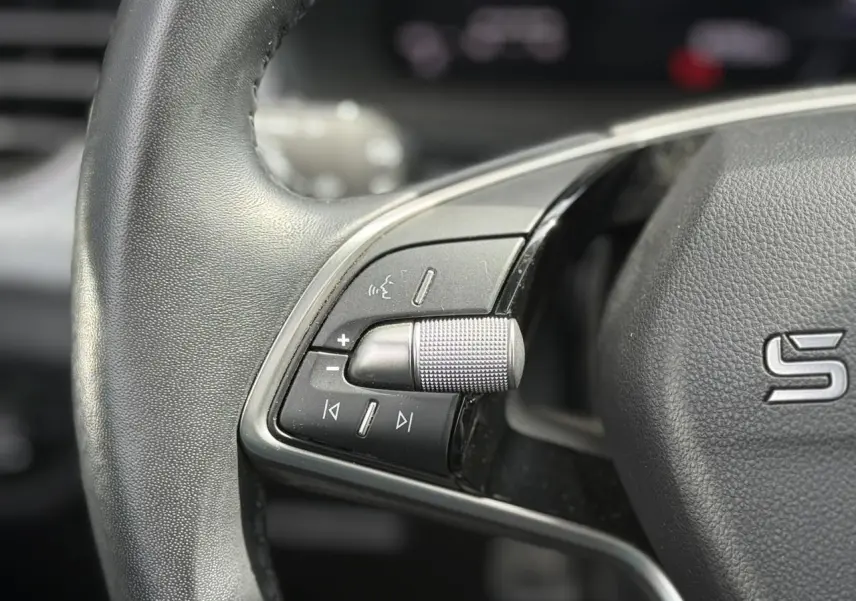 Gros plan sur les commandes gauche du volant en cuir noir du Skoda Scala TSI 116 gris graphite, modèle 2025.