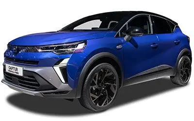 Renault Captur 2025 Bleu Iron en 3/4 avant, toit noir étoilé et jantes noires distinctives visibles