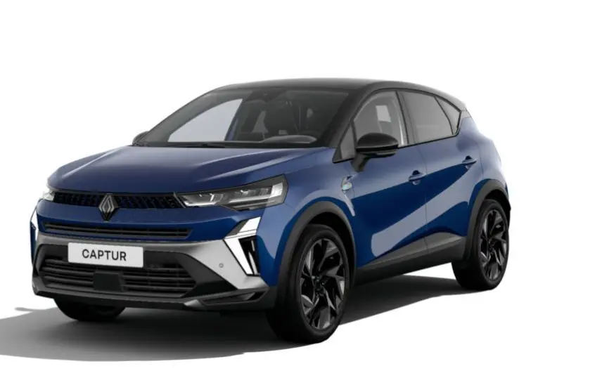 Renault Captur 2025 bleu Iron en 3/4 avant droit avec toit noir étoilé et jantes noires distinctives