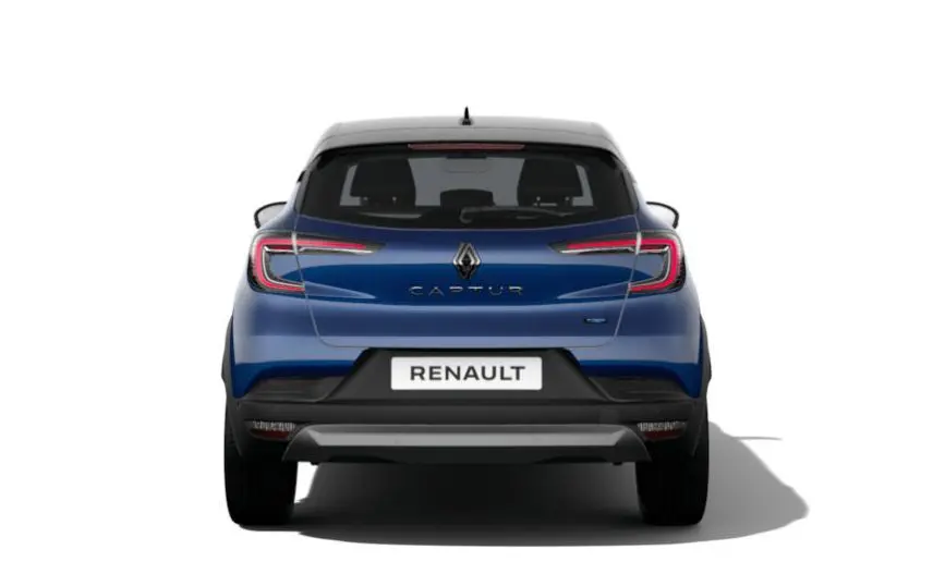 Vue arrière du Renault Captur 2025 en bleu Iron avec toit noir étoilé et feux LED distinctifs.