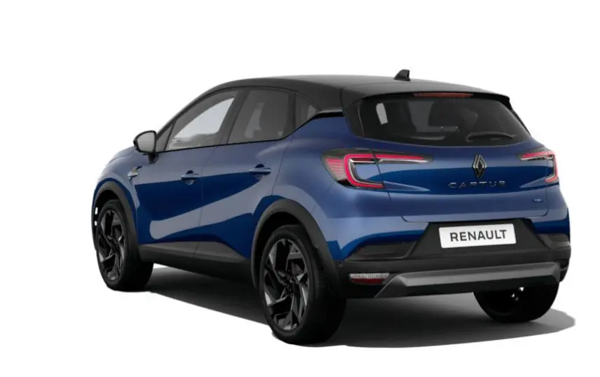 Renault Captur 2025 bleu Iron en 3/4 arrière droit avec toit noir étoilé et jantes noires distinctives