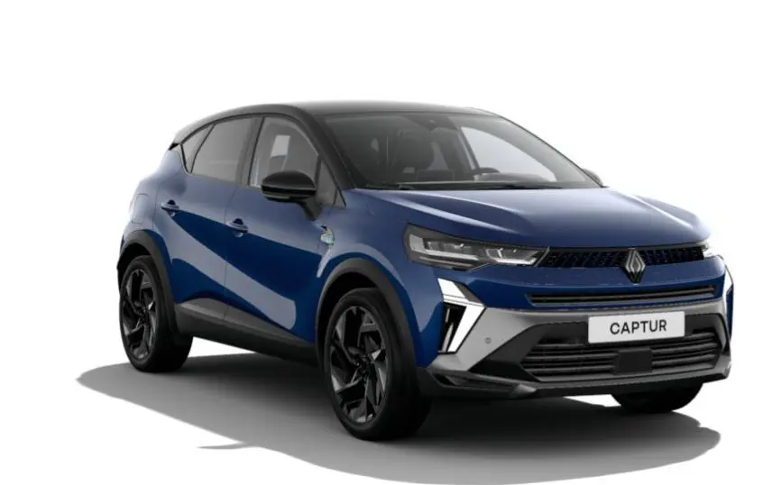 Renault Captur 2025 bleu Iron en 3/4 avant avec toit noir étoilé et jantes noires distinctives.