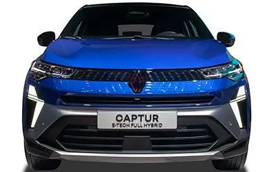 Vue frontale du Renault Captur 2025 en bleu Iron avec toit noir étoilé et signature lumineuse LED distinctive.